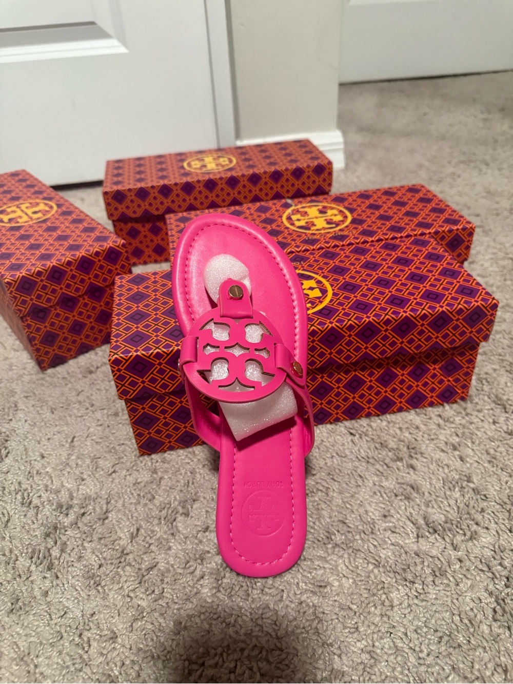 Tory Burch Hot Pink Miller Leather Slide Sandal